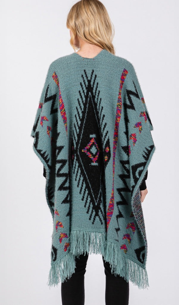 Fuzzy Aztec Pattern Tassel Knit Ruana Poncho